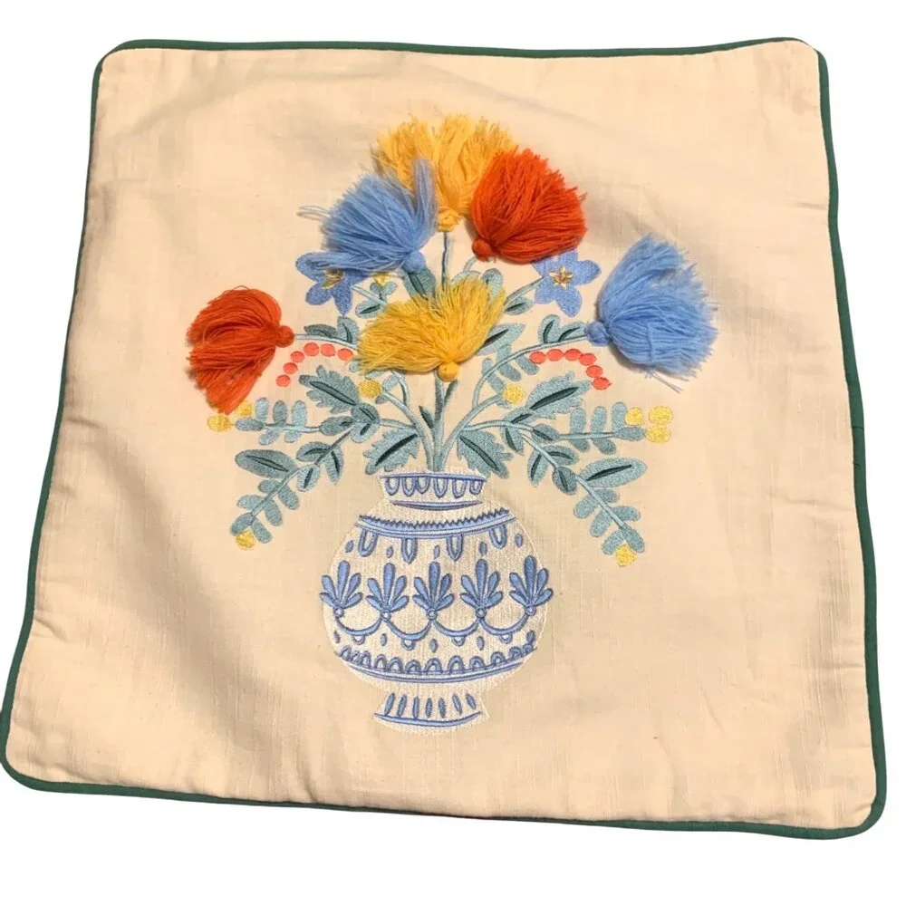 Rifle Paper Co. x Loloi Vase Study No.5 Embroidered Pillow Yarn Tasseled Flowers
